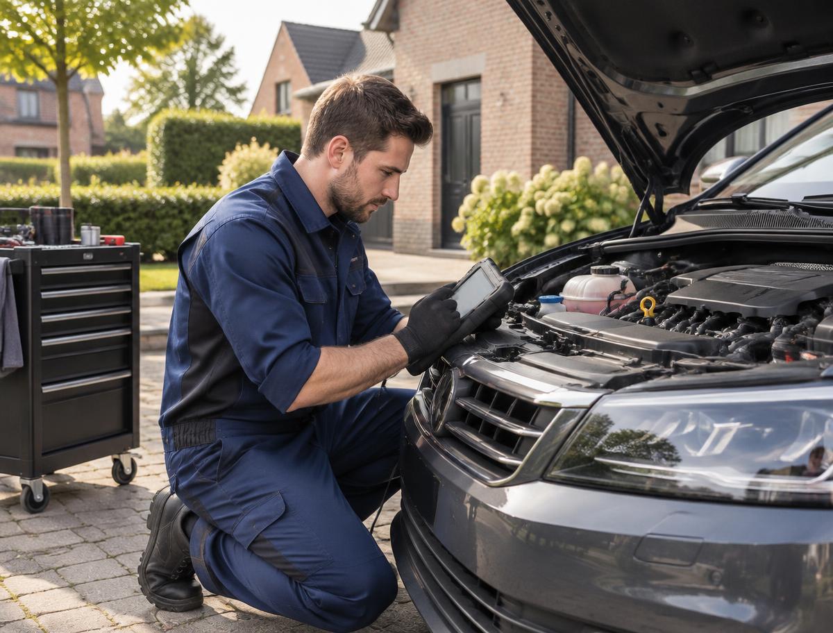 Garage VP monteur voert onderhoud uit aan een auto op de oprit